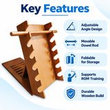 Shoulder exercise ladder key features including adjustable angle design, movable dowel rod, foldable storage, ROM training support and durable wooden construction
