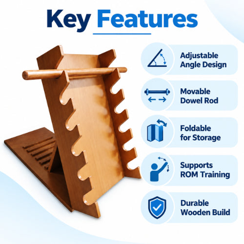 Shoulder exercise ladder key features including adjustable angle design, movable dowel rod, foldable storage, ROM training support and durable wooden construction