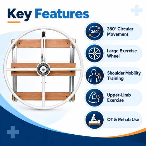 Shoulder exercise wheel key features including 360-degree circular movement, large exercise wheel, shoulder mobility training and OT rehab use
