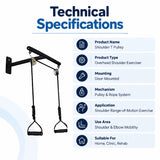 Shoulder pulley technical specifications with door-mounted design, pulley and rope mechanism, and use for shoulder range-of-motion and elbow mobility exercises