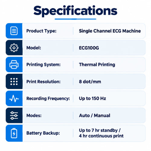 Single channel ECG machine technical specifications with ECG100G model, thermal printing, 8 dot/mm resolution, auto and manual modes, and battery backup