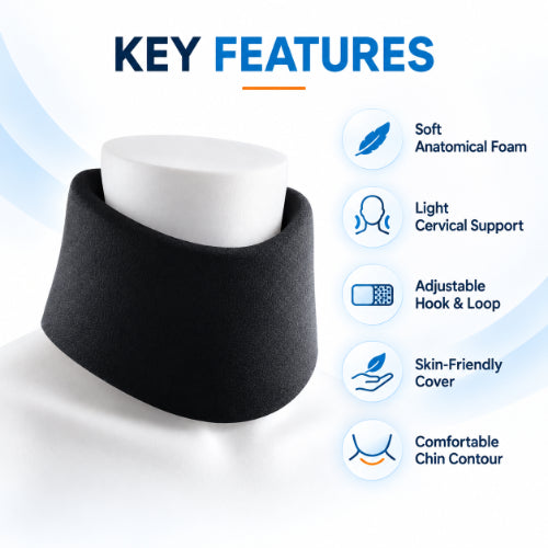 Soft cervical collar key features including anatomical foam, light neck support, adjustable hook-and-loop closure, skin-friendly cover and comfortable chin contour