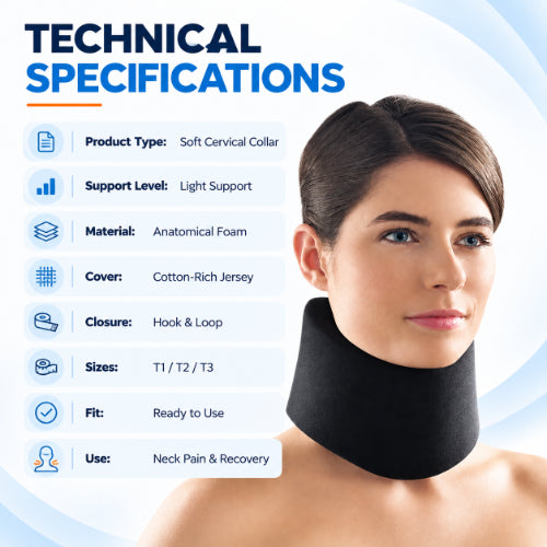 Soft cervical collar technical specifications with light support, anatomical foam, cotton-rich jersey cover, hook-and-loop closure and multiple sizes