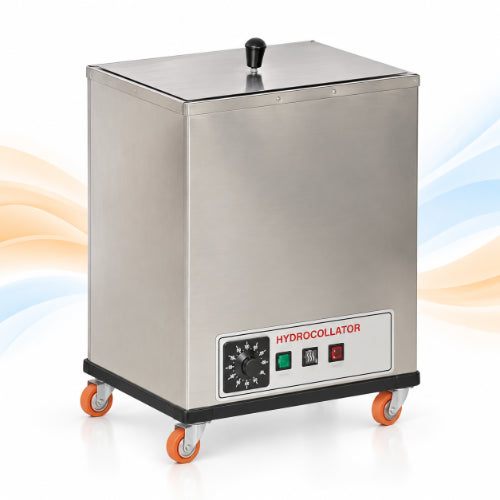Stainless steel hydrocollator machine with wheeled base for moist heat therapy in physiotherapy and rehabilitation settings