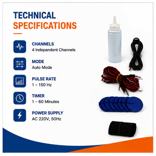 Technical specifications slide of 4 channel TENS machine showing product type, channels, operation mode, display, therapy support and usage details