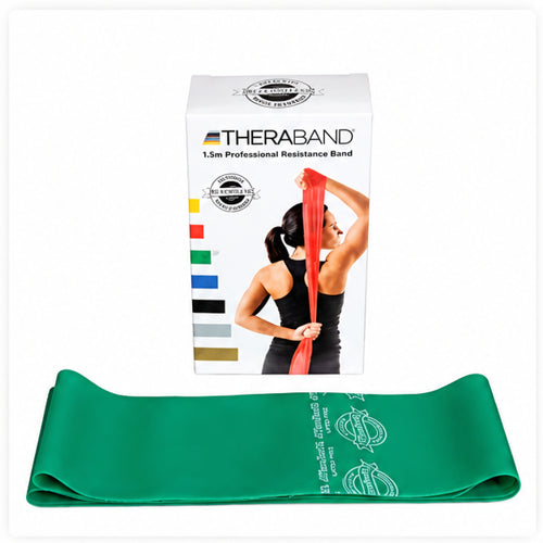 TheraBand 1.5 m green professional resistance band with retail packaging for exercise, rehabilitation and physiotherapy use