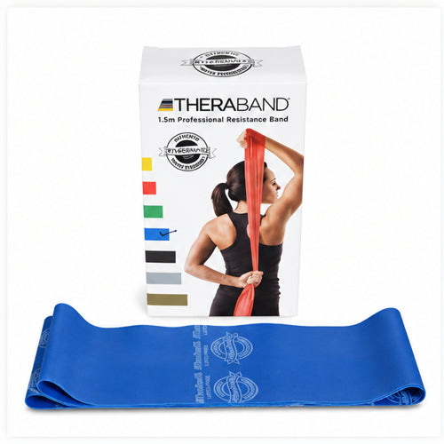 TheraBand 1.5 m professional resistance band in blue with product packaging for exercise, rehabilitation and therapy use