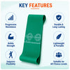 TheraBand green resistance band key features including progressive resistance, strength building, flexibility support, durability and lightweight portability