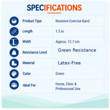 TheraBand green resistance band specifications with 1.5 m length, approximately 12.7 cm width, green resistance level and latex-free material