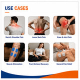 Use cases infographic of 4 channel TENS machine showing physiotherapy treatment, pain management, muscle stimulation and rehabilitation support