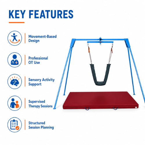 Vestibular swing system key features including movement-based design, sensory activity support and supervised occupational therapy use