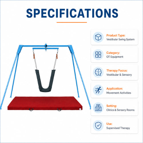 Vestibular swing system specifications for vestibular therapy, sensory integration, movement activities and supervised clinical use