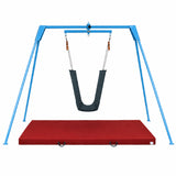 Vestibular swing system with suspended therapy seat, sturdy blue frame and padded safety mat for occupational therapy