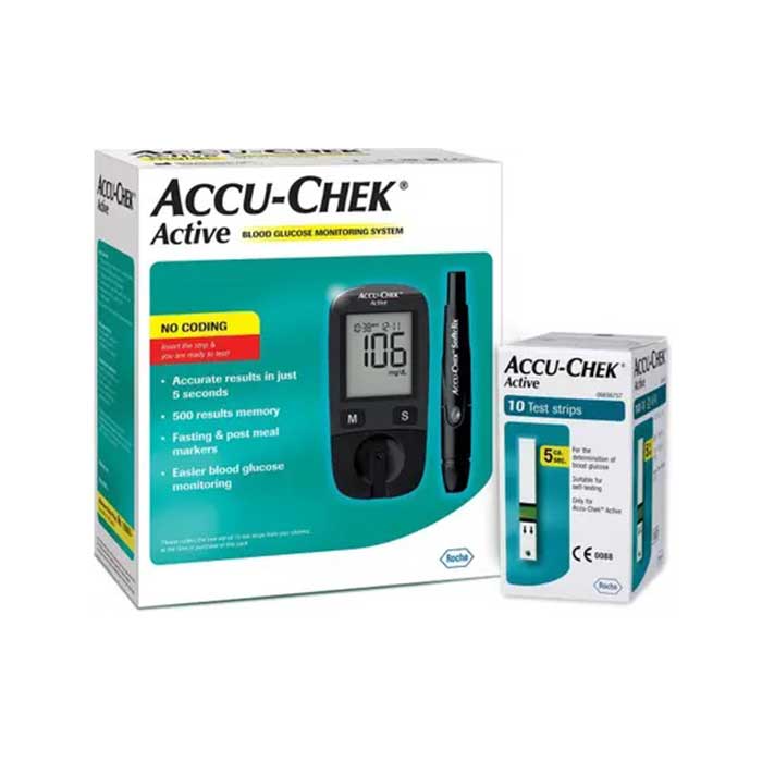 Accu-Chek Active glucometer machine box packaging with 10 strips free