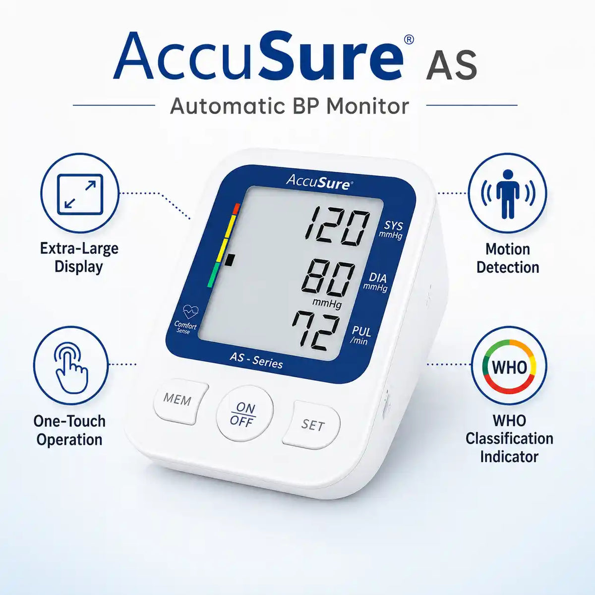 AccuSure AS automatic BP monitor with extra-large display, one-touch operation, motion detection and WHO indicator