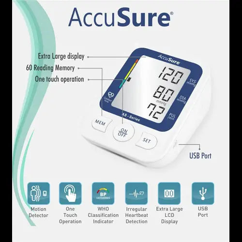 AccuSure AS BP monitor features including large display and irregular heartbeat detection