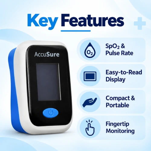 accusure fingertip pulse oximeter key features including spo2 and pulse rate monitoring, easy-to-read display, compact design and fingertip use