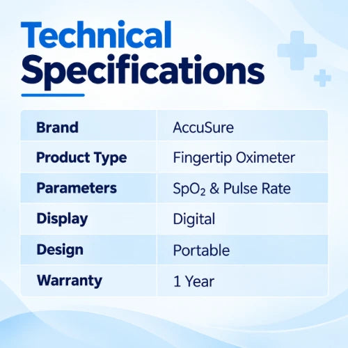 accusure fingertip pulse oximeter technical specifications showing spo2 and pulse rate measurement, digital display, portable design and 1 year warranty