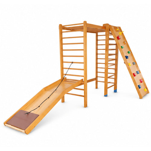 wooden activity fun gym indoor play set with ladder bars, slide, climbing wall and top platform for children