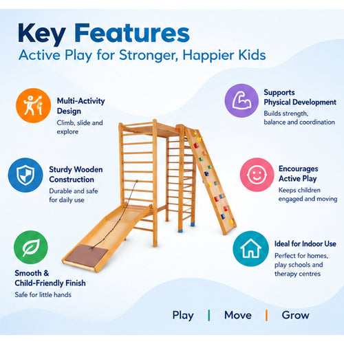 activity fun gym key features including multi-activity design, sturdy wooden construction, smooth finish and support for strength balance and coordination