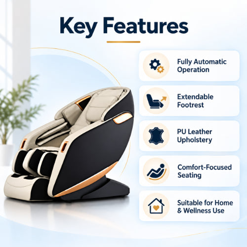 adjustable body massage chair key features including fully automatic operation, extendable footrest, pu leather upholstery and comfort-focused seating