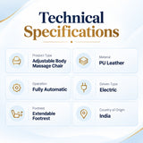 adjustable body massage chair technical specifications with pu leather material, fully automatic electric operation and extendable footrest