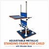 adjustable metallic standing frame for child with wooden base and activity tray