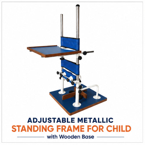 adjustable metallic standing frame for child with wooden base and activity tray