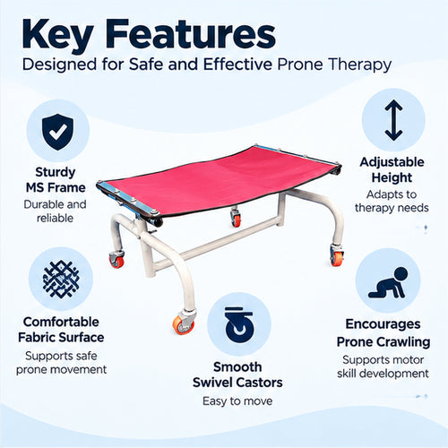 adjustable prone crawler key features including sturdy ms frame, adjustable height, comfortable fabric surface and smooth swivel castors