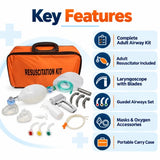 adult resuscitation kit key features including complete adult airway kit, resuscitator, laryngoscope with blades, guedel airways, masks, oxygen accessories and portable carry case