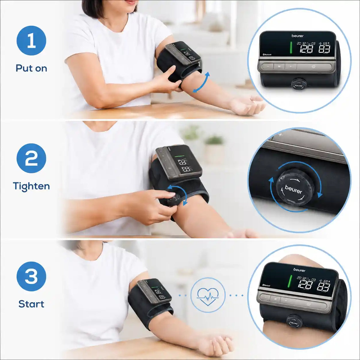 How to use Beurer BM 81 easyLock blood pressure monitor with put on, tighten and start steps