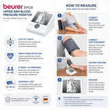 Beurer BM28 blood pressure monitor key features including cuff fit check, arrhythmia detection and universal cuff