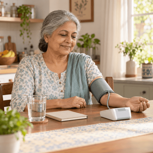 older adult using beurer BM28 bp machine at home