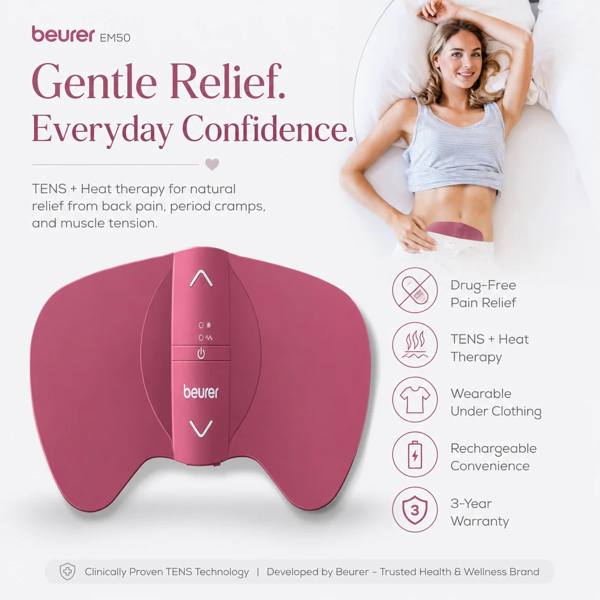Beurer EM50 gentle relief – wearable menstrual TENS device for discreet period pain management