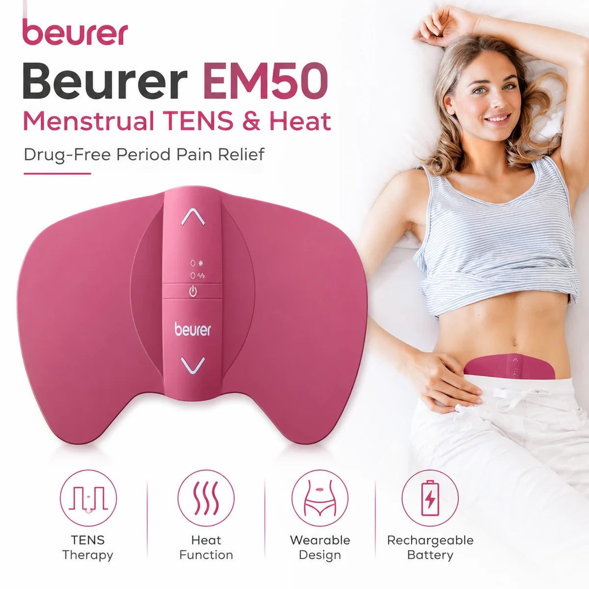 Beurer EM50 menstrual TENS and heat hero image – wearable drug-free period pain relief device