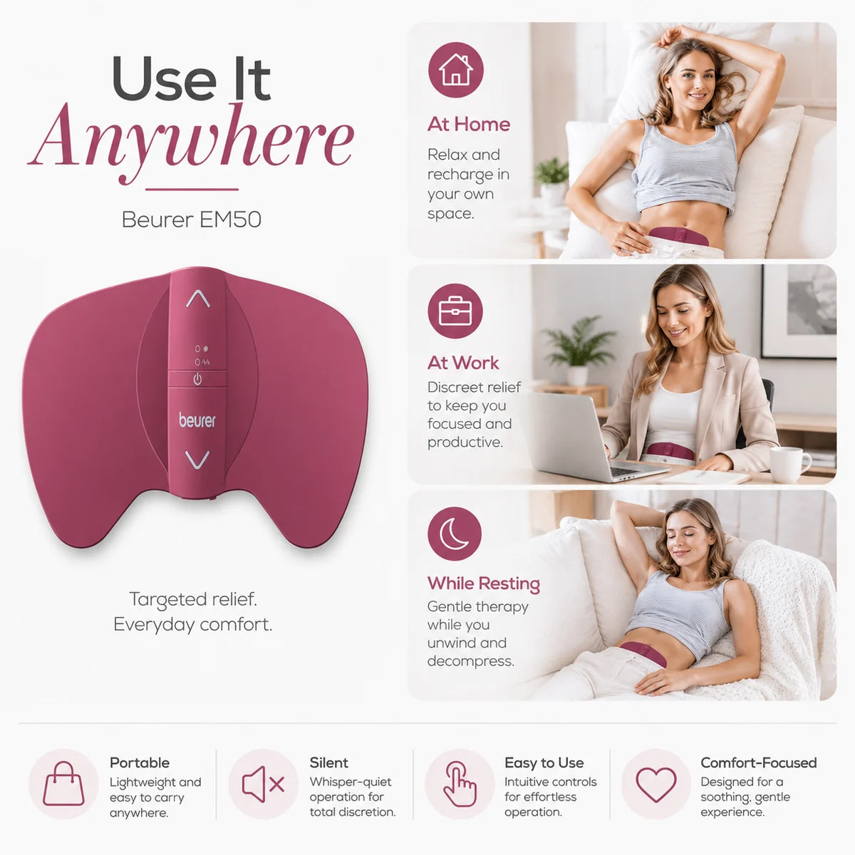 Beurer EM50 use anywhere – discreet wearable period pain relief at home office outdoors