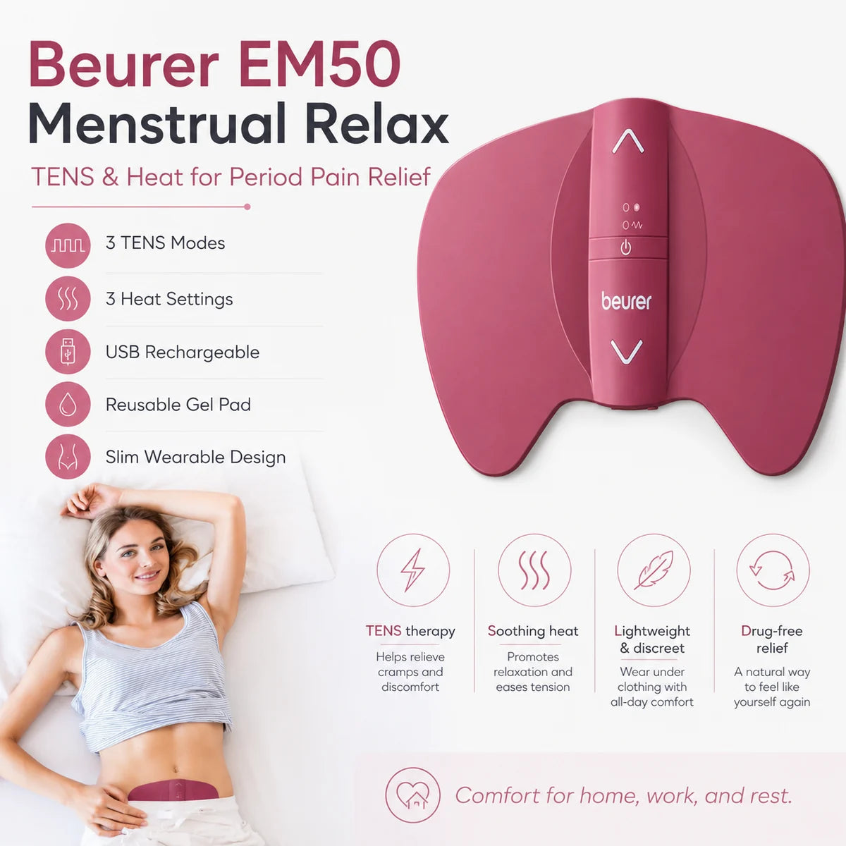 Beurer EM50 menstrual TENS product summary – drug-free period cramp relief TENS heat combined