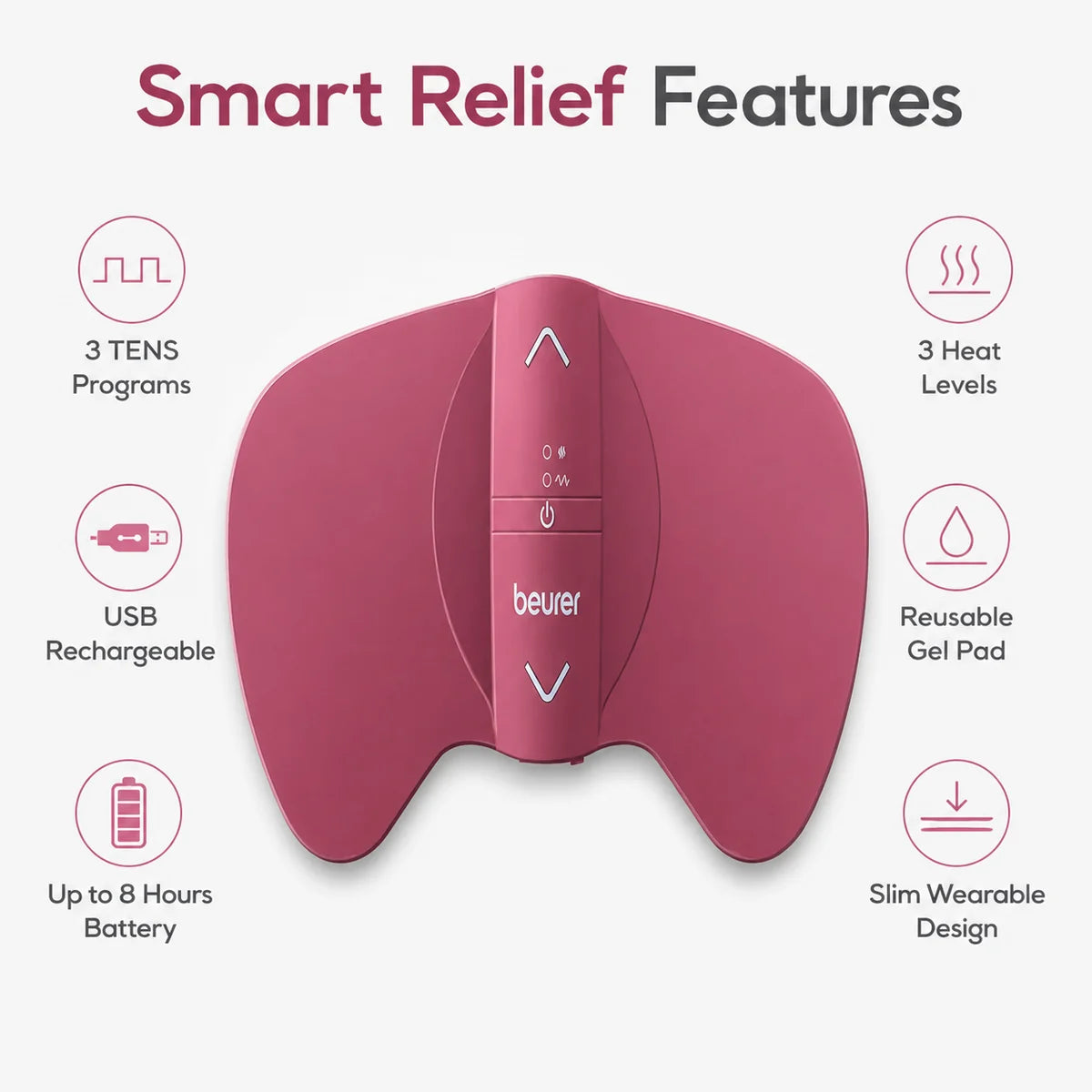 Beurer EM50 smart relief features – drug-free, wearable, silent, discreet design for daily use