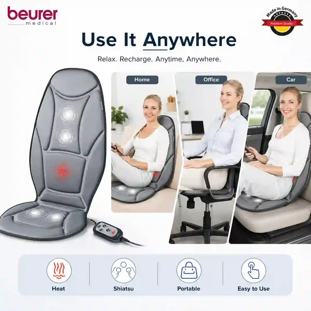 Beurer MG155 seat massager use anywhere – home office car sofa portable back relief