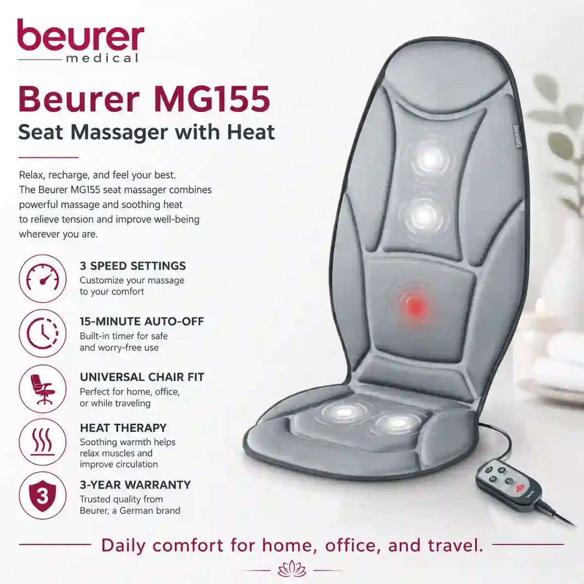 Beurer MG155 seat massager product benefits – shiatsu nodes heat function back neck lumbar relief