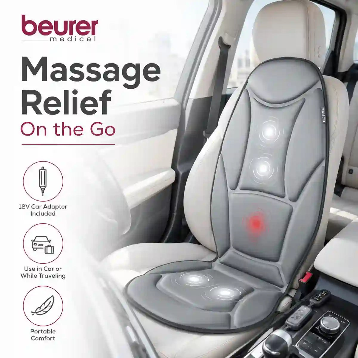 Beurer MG155 seat massager in car travel use with car adapter