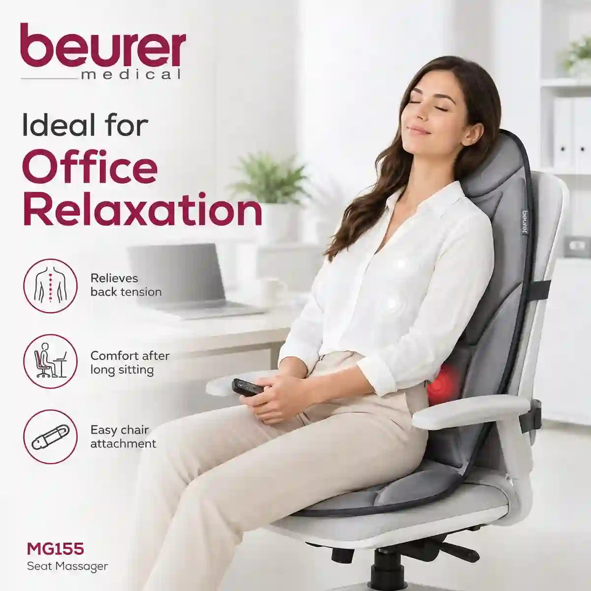 Beurer MG155 seat massager in office relaxation use on ergonomic chair