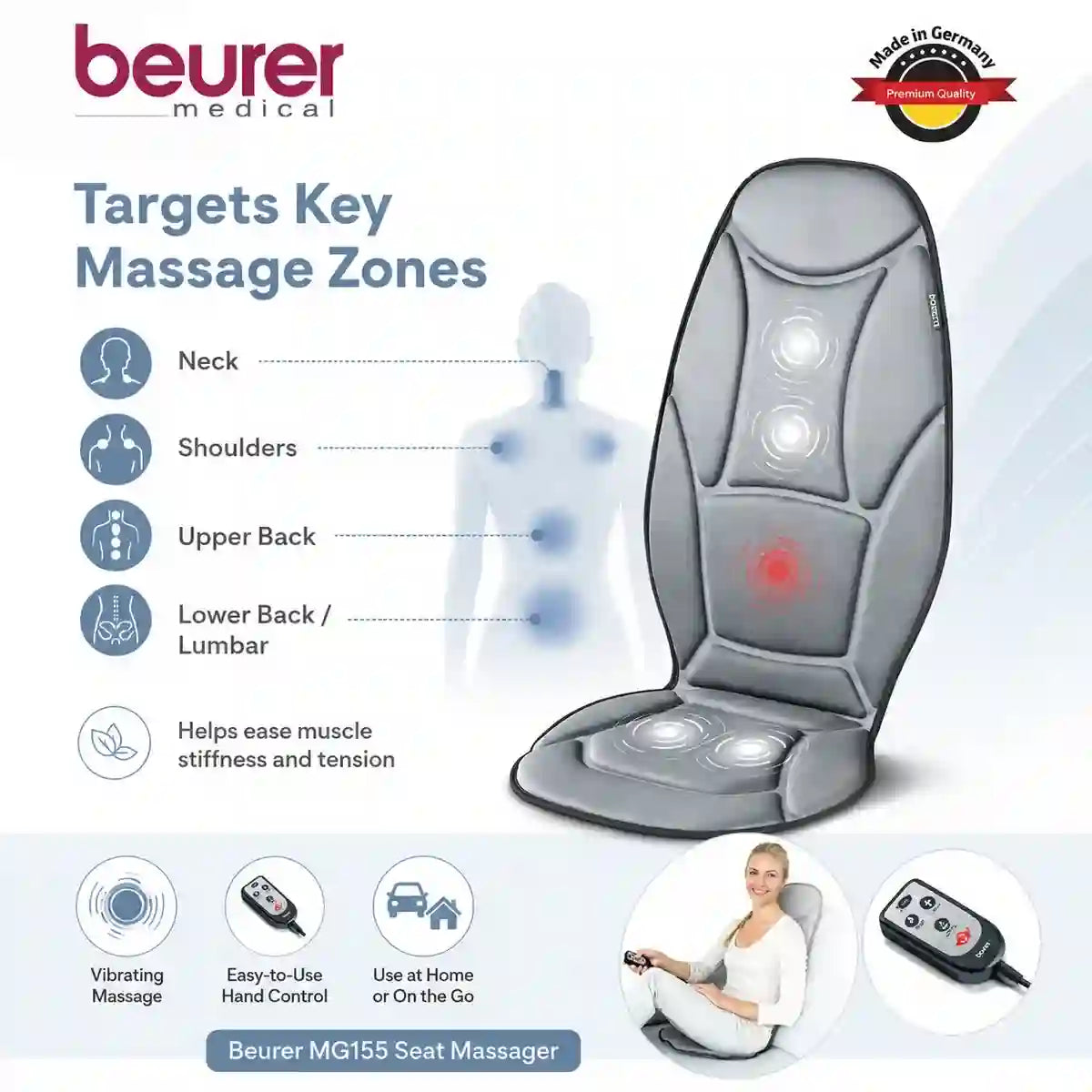 Beurer MG155 target massage zones – upper back lower back lumbar neck and shoulder coverage