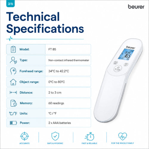 beurer ft 85 technical specifications with non contact infrared measurement 60 reading memory and aaa battery power