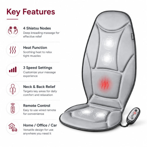 beurer mg155 seat massager key features with 4 shiatsu nodes heat function 3 speed settings and neck back relief