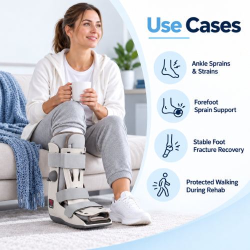 breg mid-calf walking boot use cases for ankle sprains, forefoot support, stable foot fracture recovery and protected walking during rehabilitation