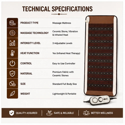ceratonic massage mattress technical specifications with ceramic stones vibration infrared heat and adjustable intensity levels