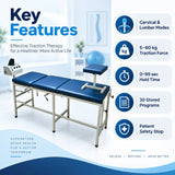 cervical and lumbar digital traction key features including cervical and lumbar modes, 5–60 kg traction force, 0–99 second hold time, 30 stored programs and patient safety stop
