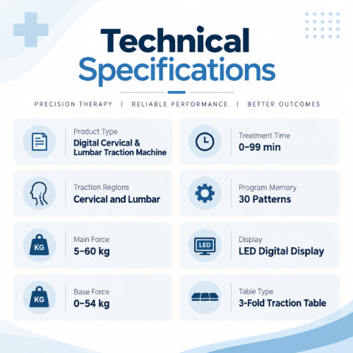 cervical and lumbar digital traction technical specifications with 5–60 kg main force, 0–54 kg base force, 0–99 minute treatment time, 30 programs and led digital display