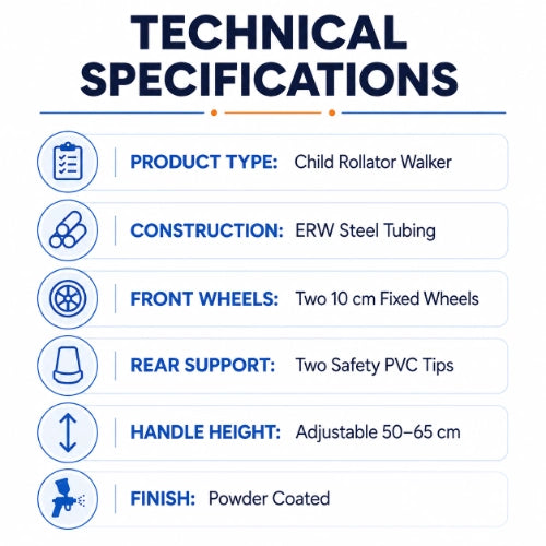 child rollator walker technical specifications with steel tubing fixed front wheels and pvc tips